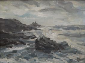 Valerie Ganz Mumbles Lighthouse with a choppy sea in the foreground Oil on canvas Signed and dated