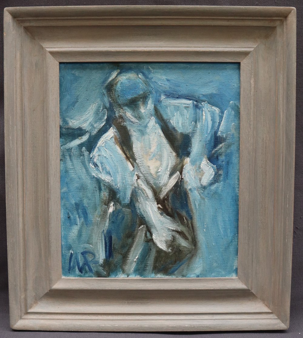 Will Roberts The Blue Mower Oil on canvas Initialled Inscribed Verso with Attic Gallery Label 30. - Image 3 of 4