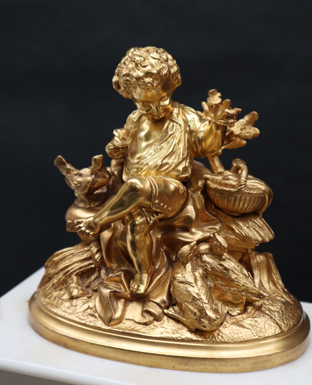 A 19th century white marble clock with a gilt metal surmount of a boy feeding chicken whilst seated - Image 9 of 11