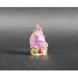 A Chinese amethyst Buddhistic pendant mounted in yellow metal, marked 14k,