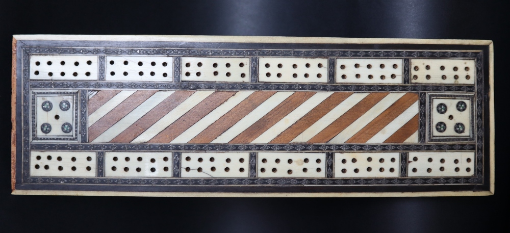 A 19th century bone and metal inlaid Cribbage board of rectangular form, - Image 2 of 7