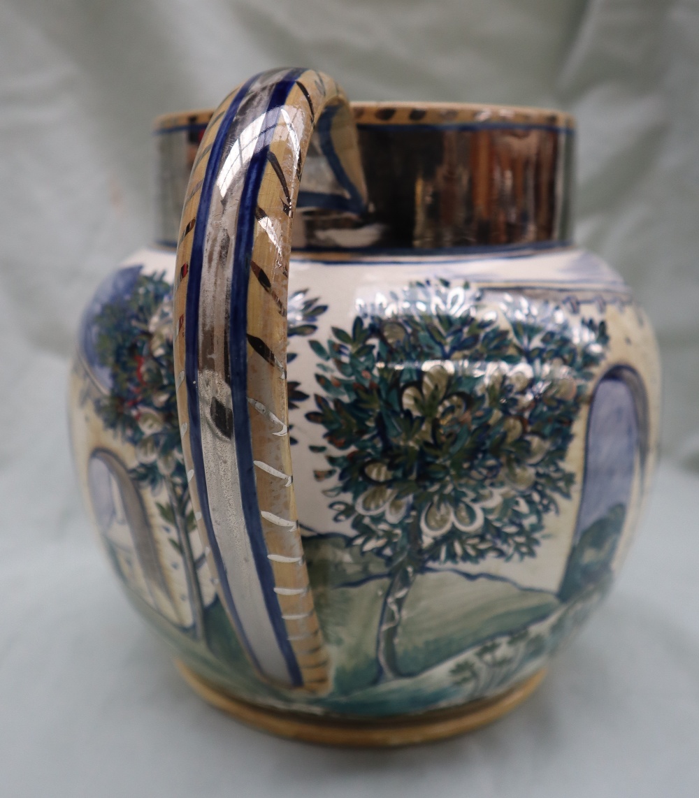 A 19th Century pottery jug decorated with a viaduct, trees and cattle with silver lustre highlights, - Image 4 of 8