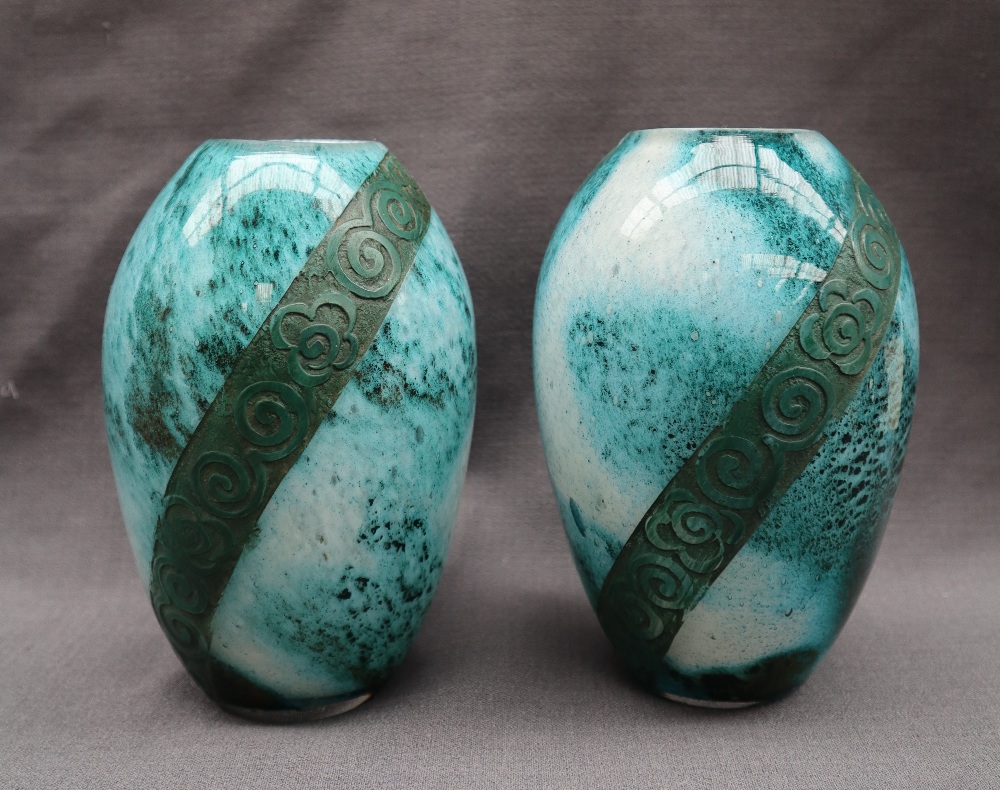 A pair of Legras mottled green glass vases, with etched floral bands, signed, 15.