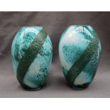 A pair of Legras mottled green glass vases, with etched floral bands, signed, 15.