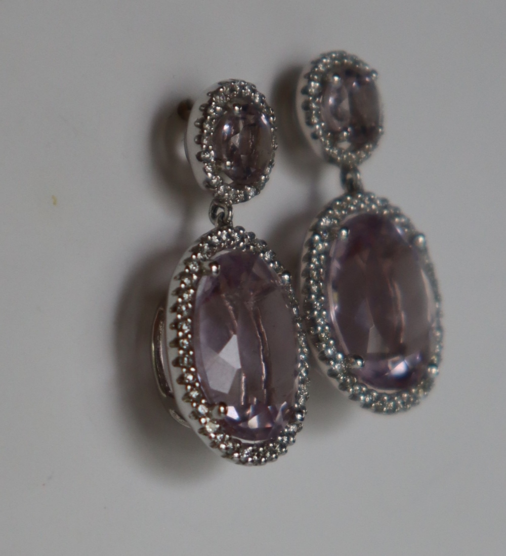 A pair of amethyst and diamond drop earrings, - Image 2 of 4