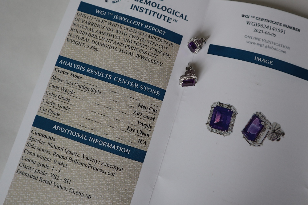 A pair of amethyst and diamond earrings each set with a step cut amethyst surrounded by twenty two - Image 5 of 6