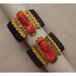 A pair of Victorian yellow metal, carved coral and plaited hair mourning bracelets,