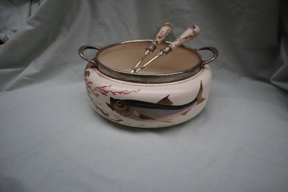 A Doulton pottery and electroplated twin handled salad bowl and servers decorated with fish and - Image 2 of 8