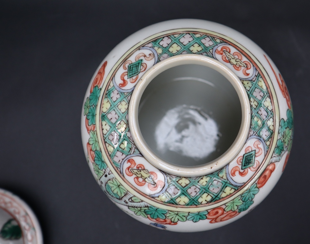 A Chinese Famille Verte porcelain vase and cover, the domed cover with a dog of foo finial, - Image 10 of 11