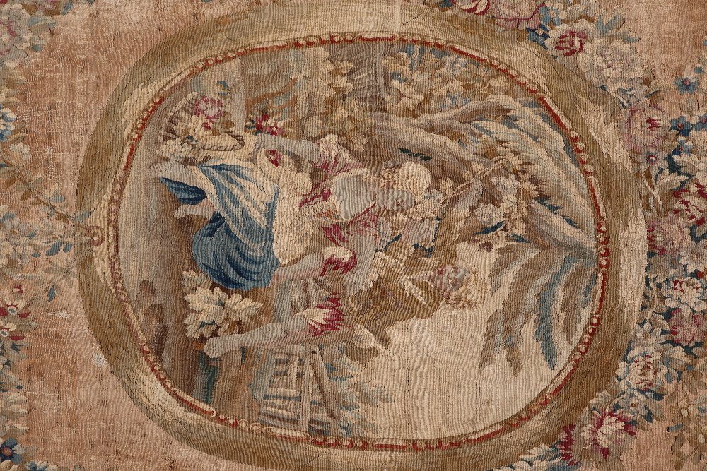 An 18th century French Aubusson medallion pastoral tapestry with a floral swag border, - Image 3 of 8