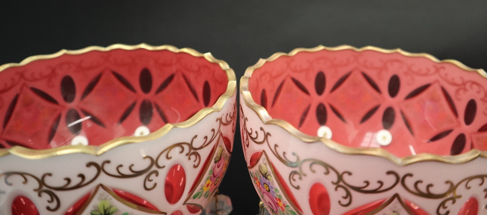 A pair of Victorian ruby and white flash glass table lustres painted with flowers and leaves, 29. - Bild 4 aus 4