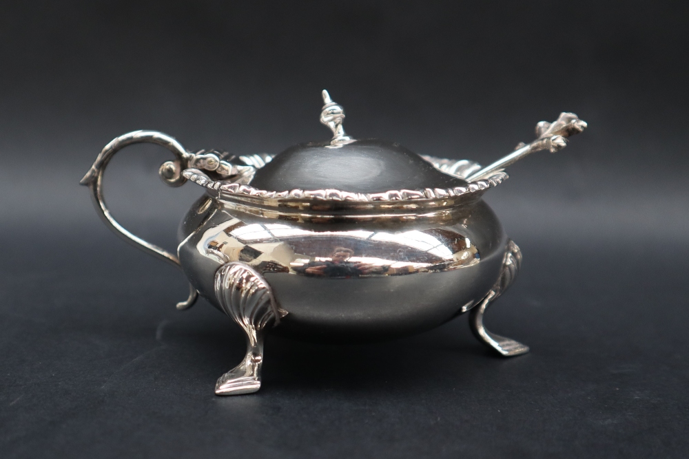 A George V silver cauldron mustard pot and cover,