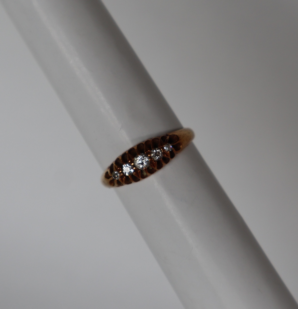 A five stone diamond ring, set with graduating old cut diamonds to an 18ct yellow gold shank, - Image 2 of 6