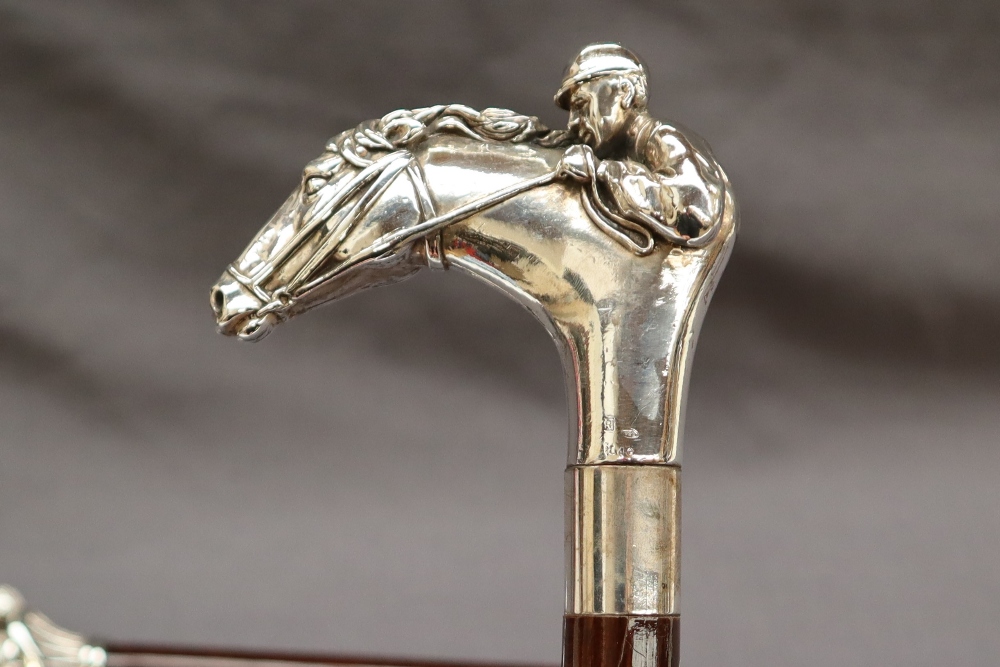 A continental silver topped walking stick, the handle in the form of a race horse head and jockey, - Image 10 of 17
