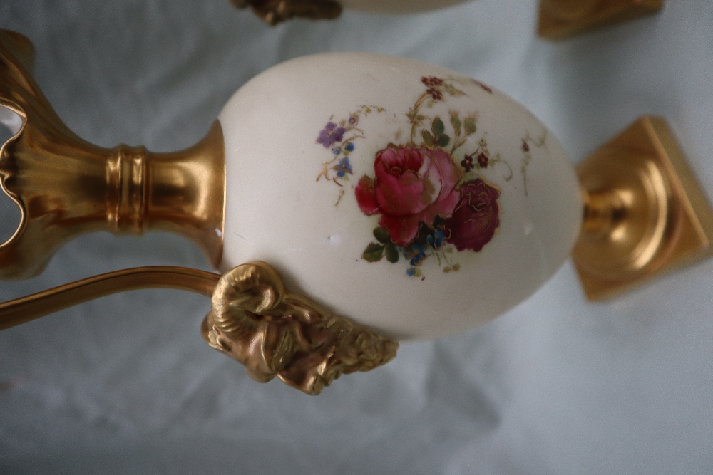 A pair of Royal Worcester porcelain ewers with wavy spout, mask terminal handles, - Image 4 of 10