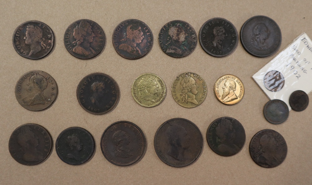 A William IIII copper penny dated 1834, together with a collection of half pennies dated 1799, 1741,
