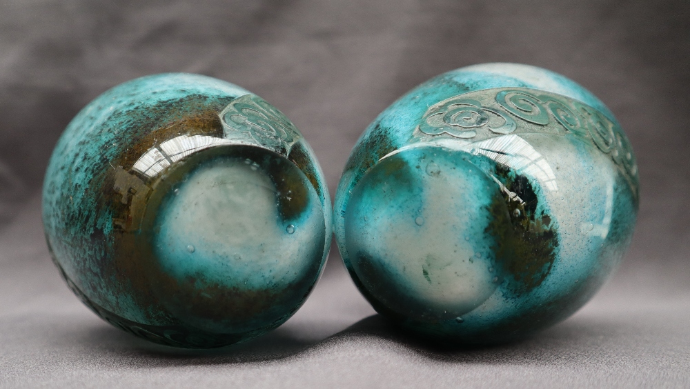 A pair of Legras mottled green glass vases, with etched floral bands, signed, 15. - Image 5 of 6
