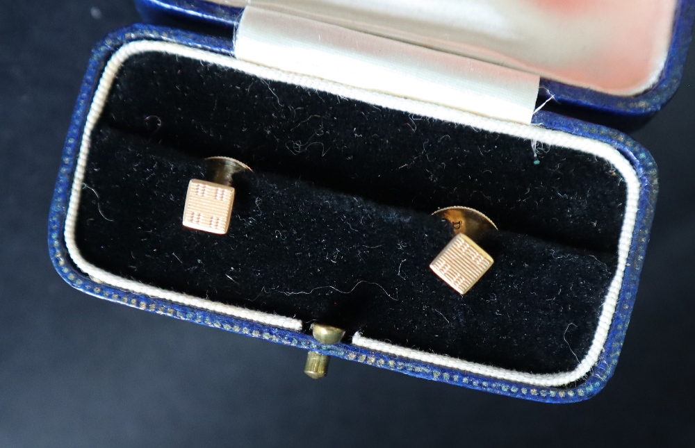 A pair of 9ct gold cufflinks of oval form, initialled together with a pair of 9ct gold shirt studs, - Image 3 of 3