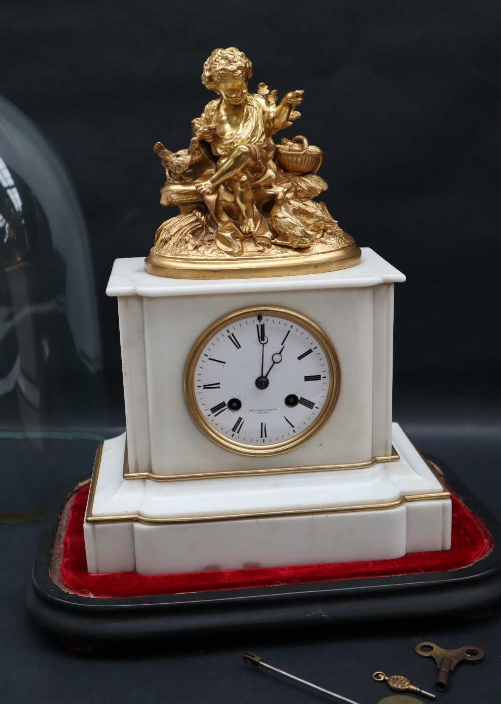 A 19th century white marble clock with a gilt metal surmount of a boy feeding chicken whilst seated - Image 2 of 11