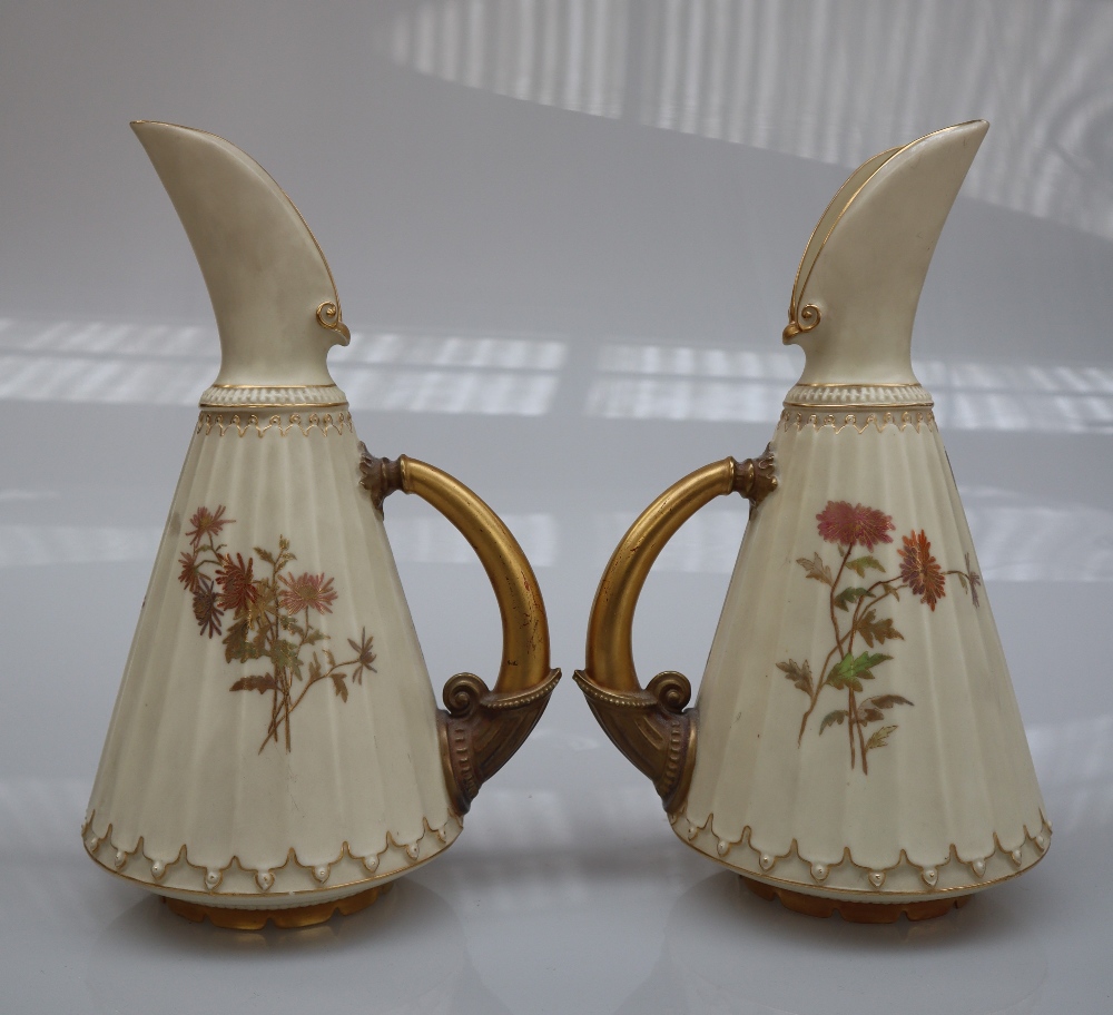 A pair of Royal Worcester porcelain ewers decorated with flowers and leaves number 1361 together - Image 3 of 11