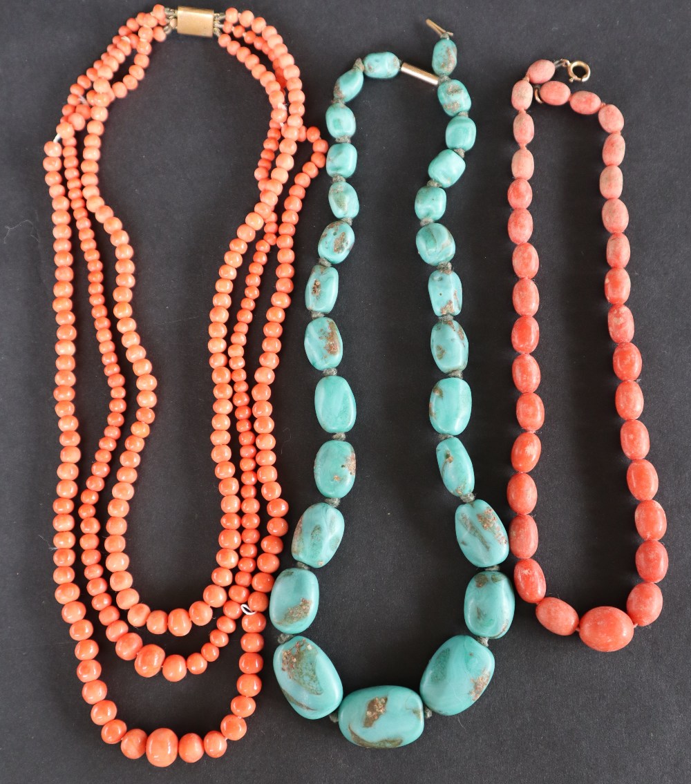 A three strand coral necklace with tapering spherical beads together with another coral necklace - Image 2 of 3