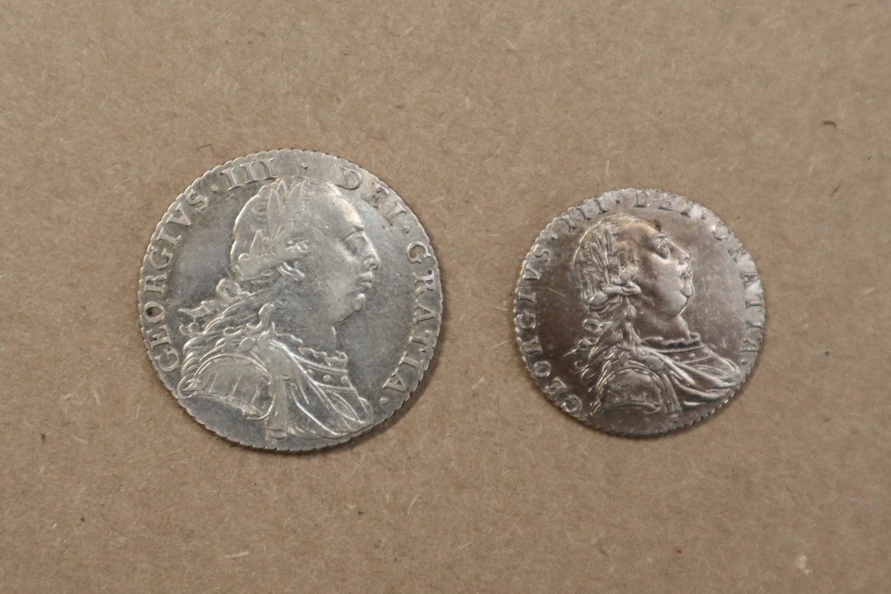 A George III silver shilling dated 1787 together with a matching silver sixpence