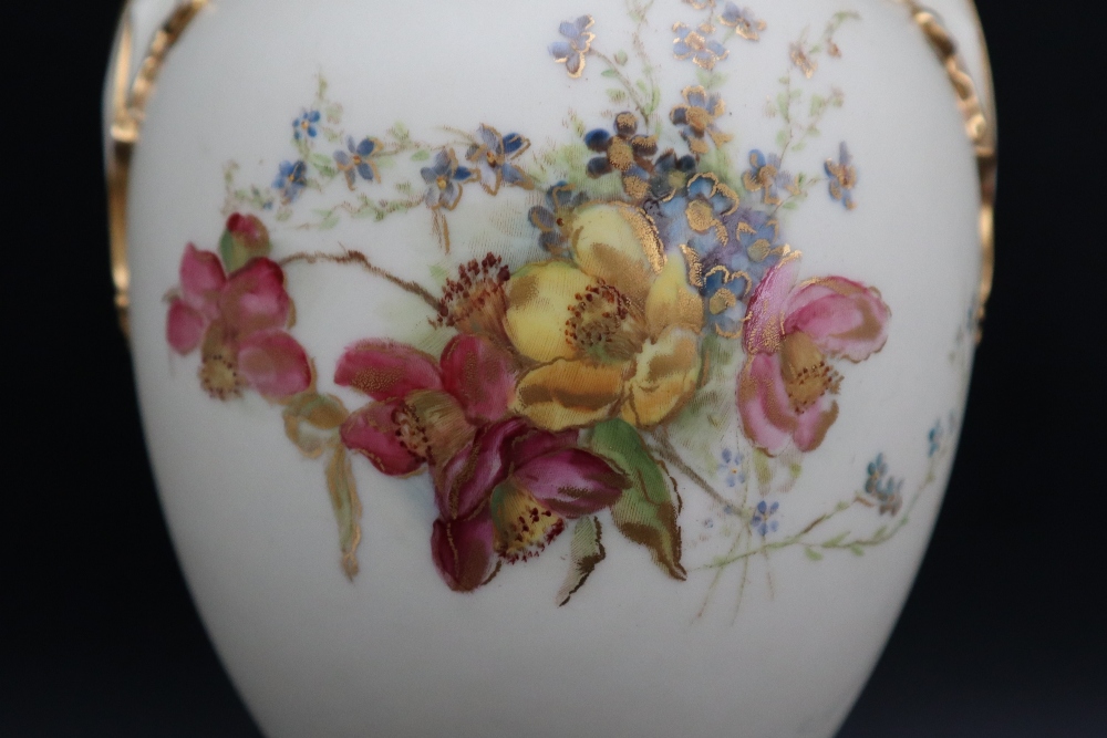 A large Royal Worcester twin handled vase with a flared rim and scrolling handles, - Image 3 of 7