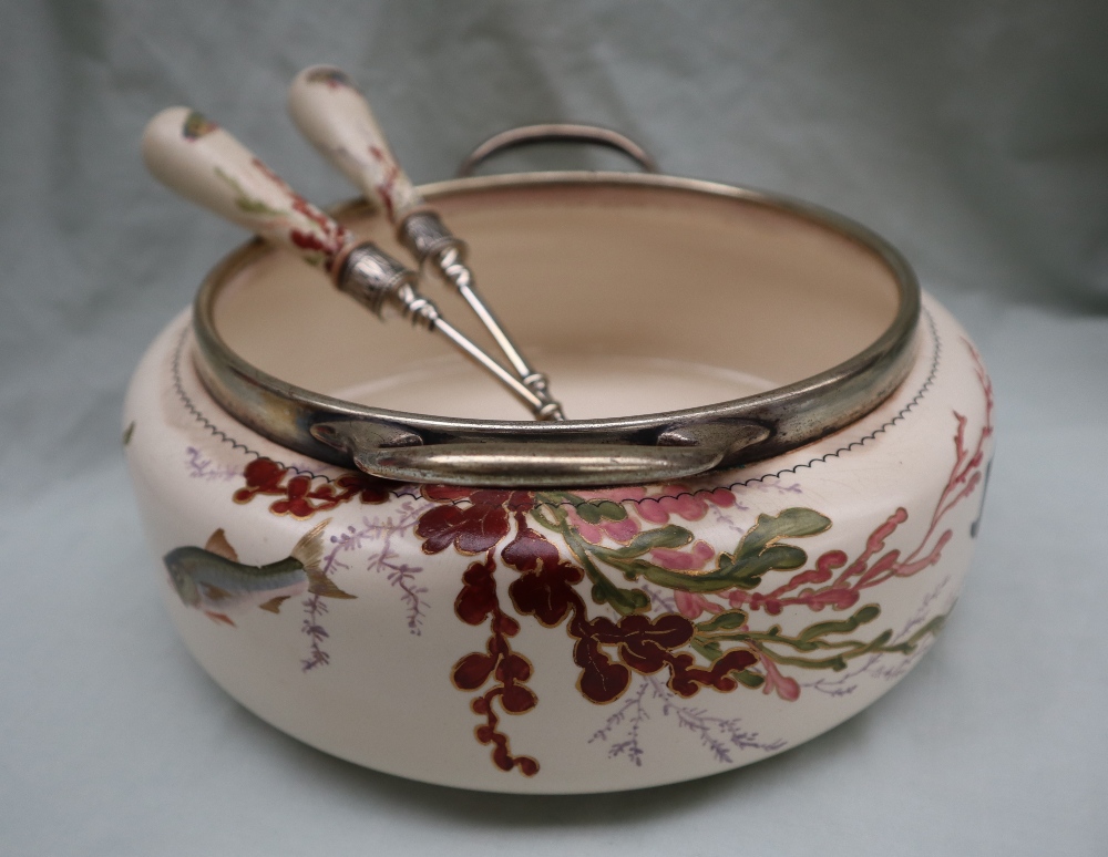 A Doulton pottery and electroplated twin handled salad bowl and servers decorated with fish and - Image 3 of 8