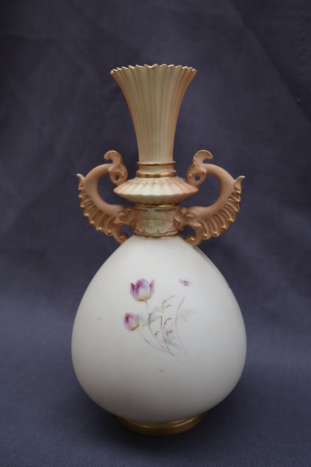 A Royal Worcester porcelain twin handled vase with a flared neck and scrolling handles, - Image 4 of 7