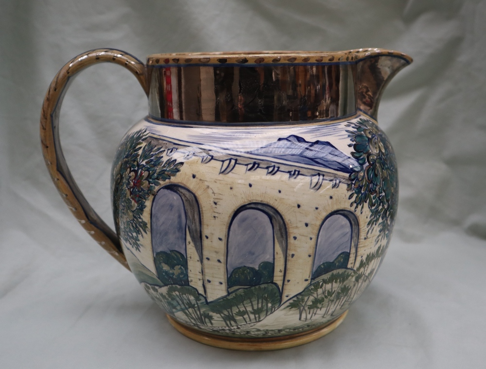 A 19th Century pottery jug decorated with a viaduct, trees and cattle with silver lustre highlights, - Image 3 of 8