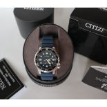 A Citizen Eco-Drive Divers 200m stainless steel wristwatch with a blue enamel rotating bezel,