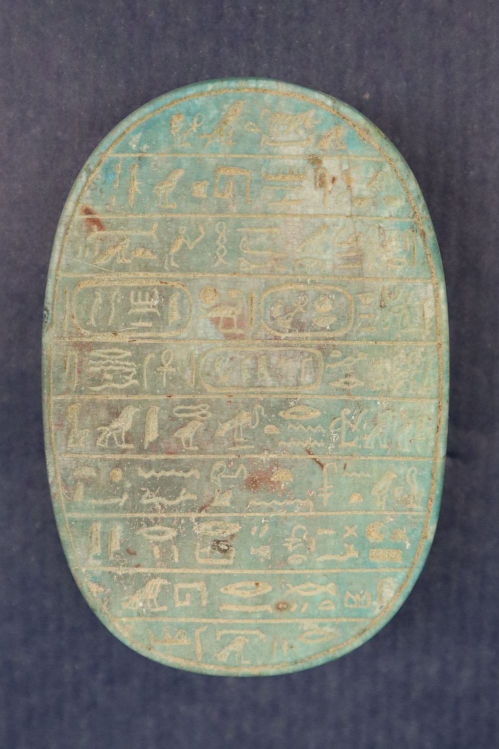 An ancient Egyptian pottery scarab beetle in turquoise, the oval base with hieroglyphics, - Image 3 of 8