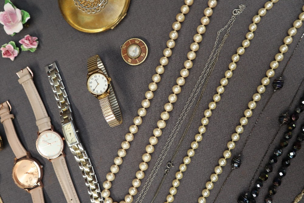 Assorted costume jewellery including faux pearls, Rotary wristwatch, other wristwatches, earrings,