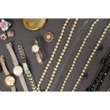 Assorted costume jewellery including faux pearls, Rotary wristwatch, other wristwatches, earrings,