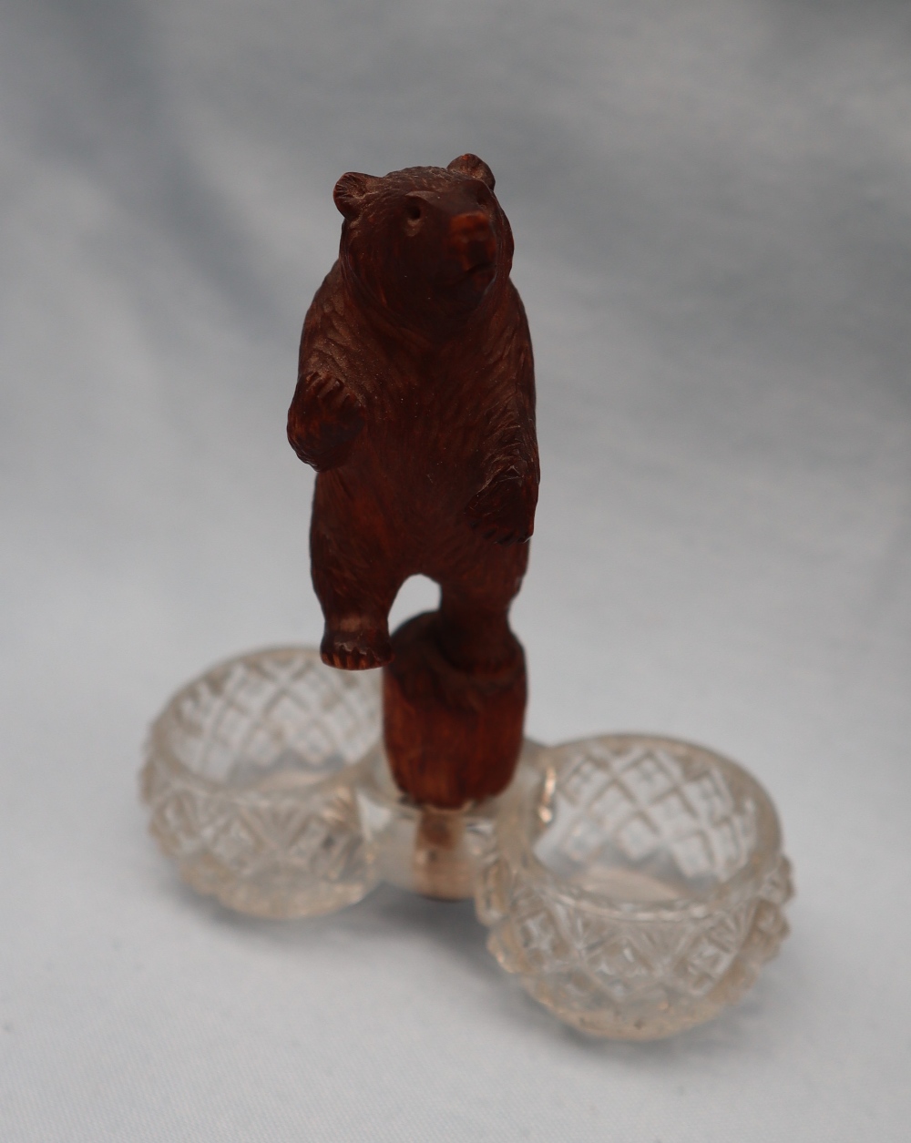 A Black Forest bear barometer together with a carved bear and cut glass table salt and another of a - Image 2 of 8