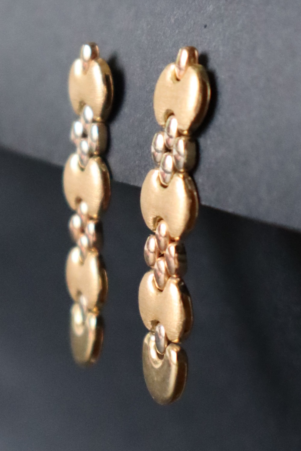 A pair of 18ct two tone gold drop earrings, - Image 2 of 5