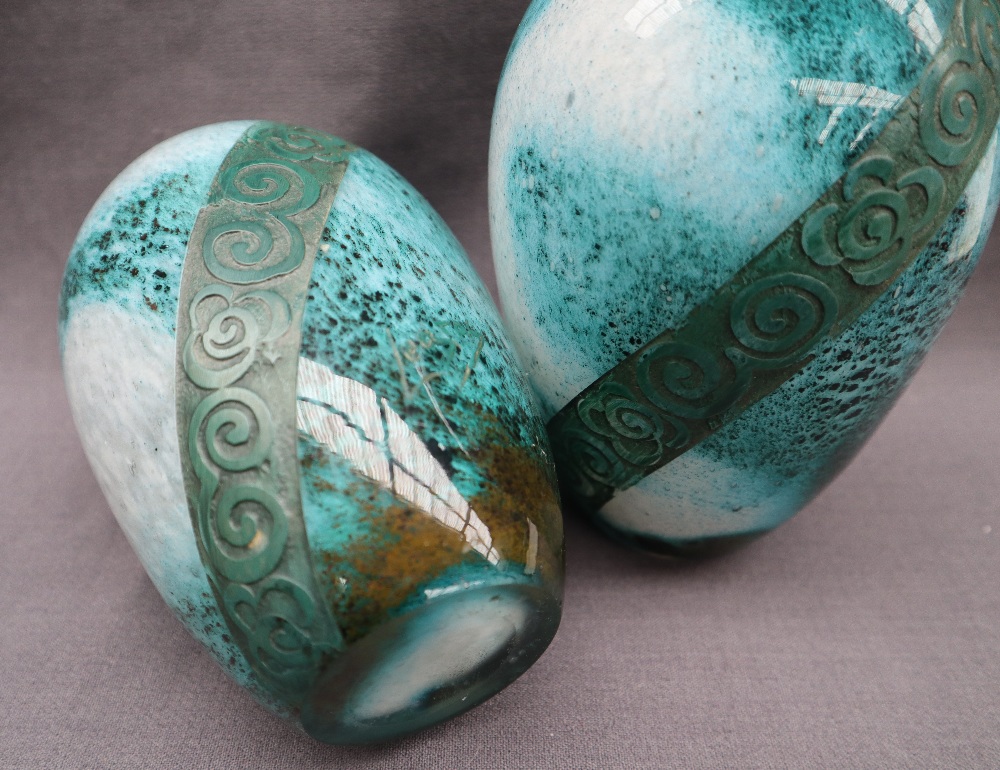A pair of Legras mottled green glass vases, with etched floral bands, signed, 15. - Image 3 of 6