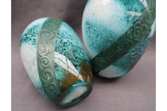 A pair of Legras mottled green glass vases, with etched floral bands, signed, 15. - Image 3 of 6