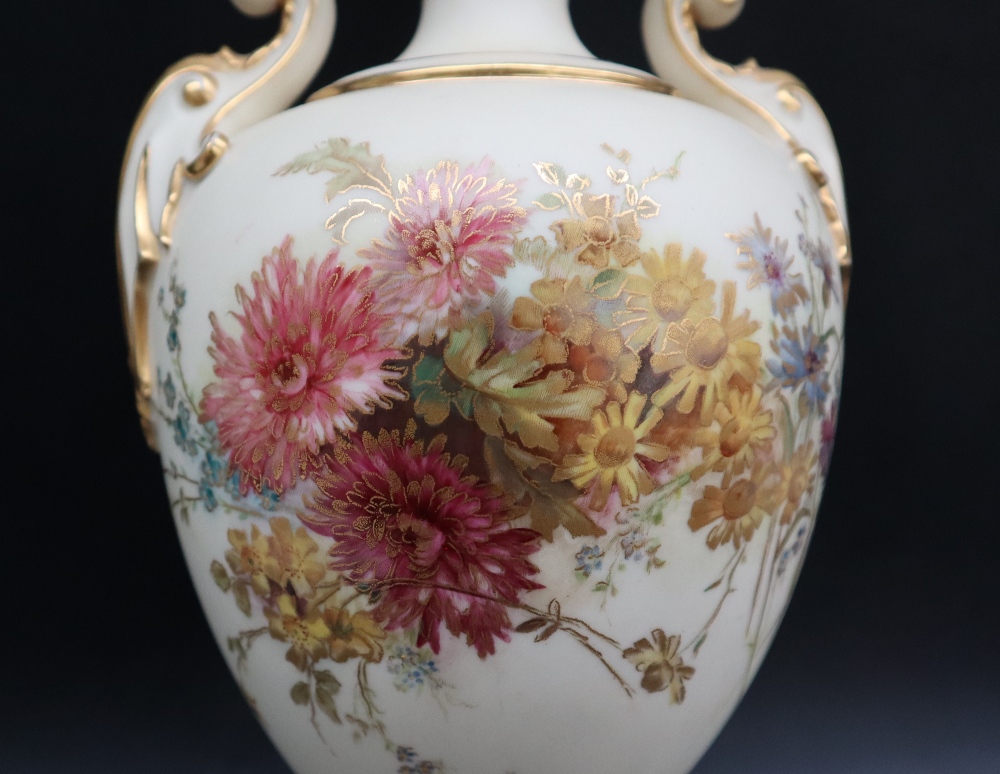 A large Royal Worcester twin handled vase with a flared rim and scrolling handles, - Image 2 of 7