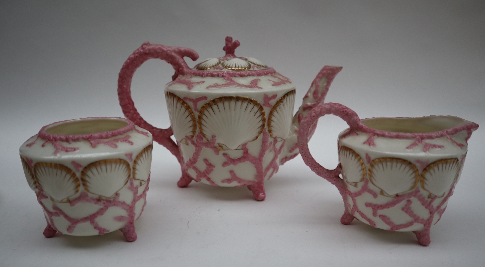 A Victorian Belleek shell and coral bachelor part tea set comprising a tea pot, cream jug, - Image 5 of 11