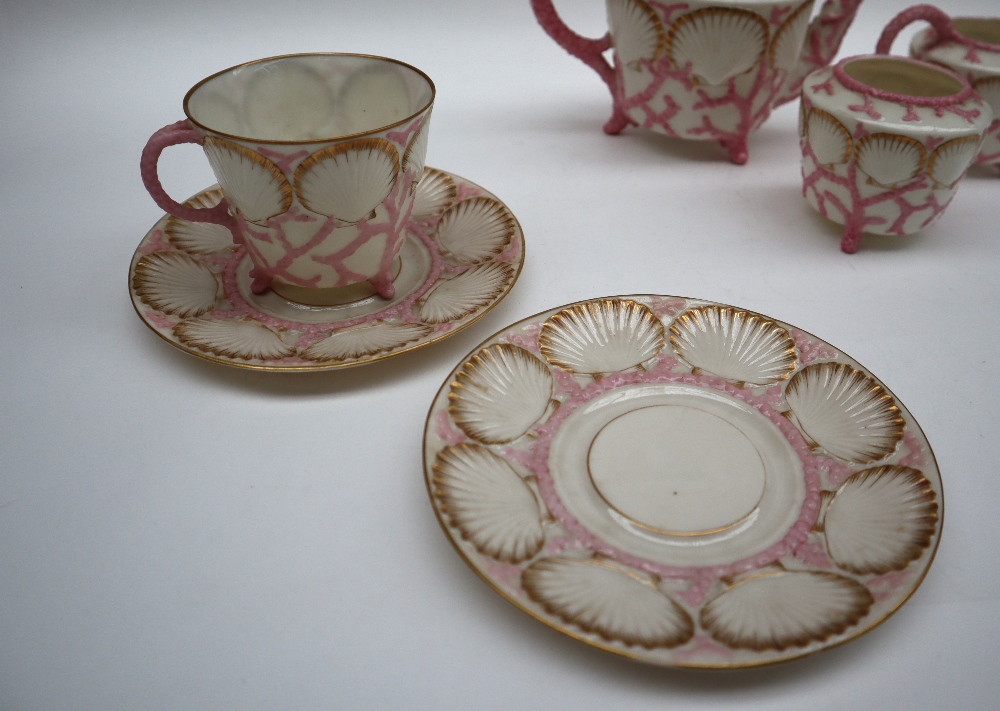 A Victorian Belleek shell and coral bachelor part tea set comprising a tea pot, cream jug, - Image 9 of 11