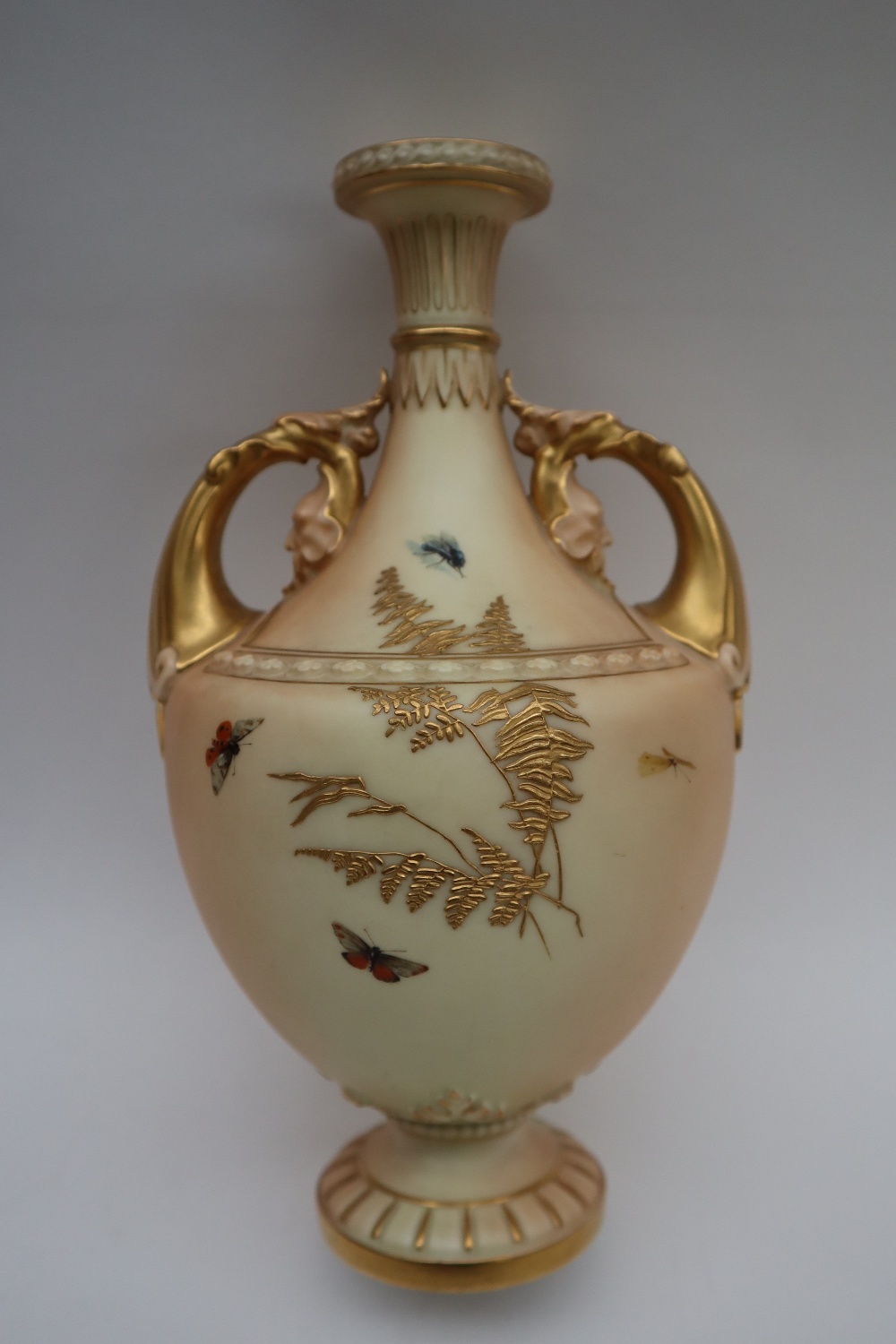 A Royal Worcester twin handled vase with a flared rim, - Image 3 of 7