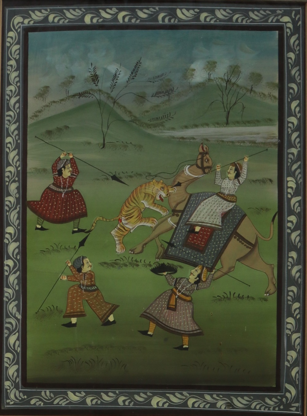 20th century Indian School A tiger attacking a camel and hunters Watercolour 49 x 36cm - Image 2 of 4