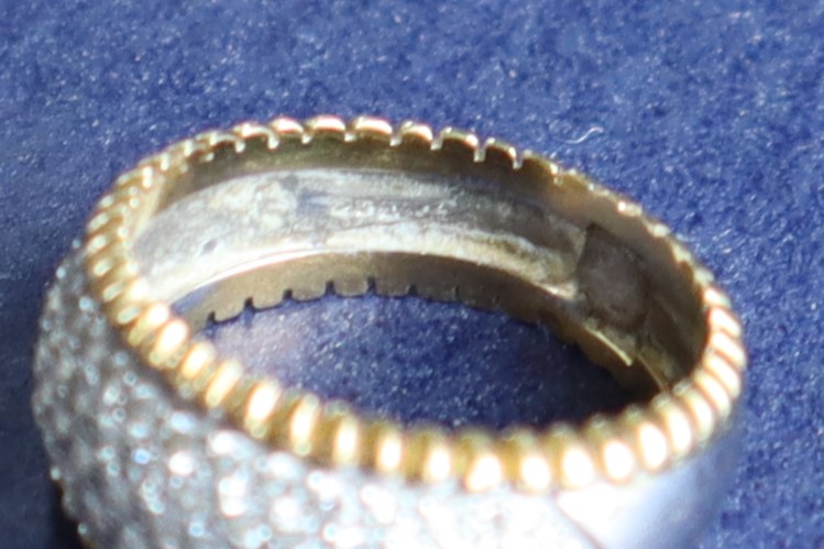 An 18ct yellow and white gold ring, set with a panel of round brilliant cut diamonds, size P, - Image 6 of 8