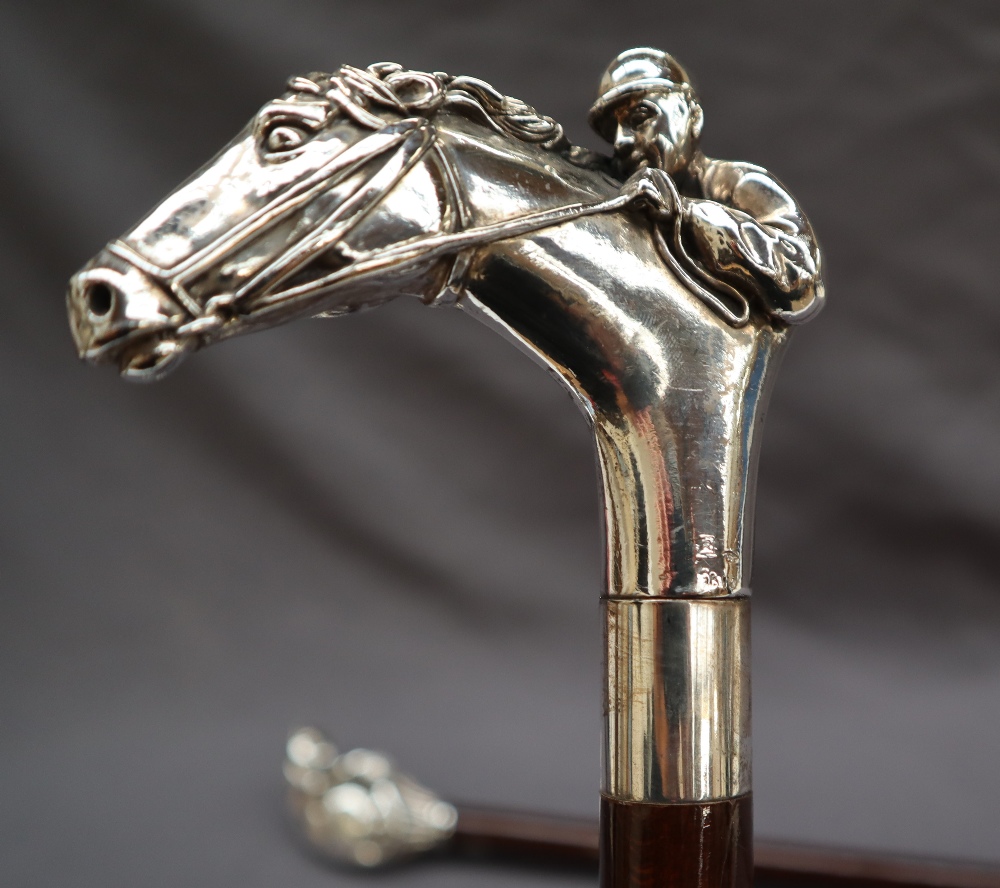 A continental silver topped walking stick, the handle in the form of a race horse head and jockey, - Image 12 of 17