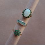 A 9ct gold emerald and opal ring size M 1/2 together with a 9ct gold emerald cluster ring size O