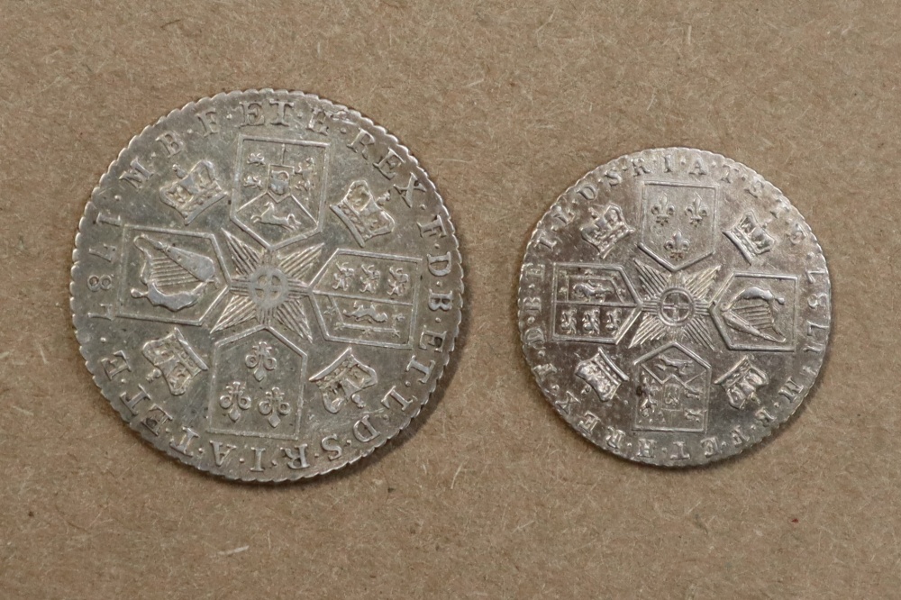 A George III silver shilling dated 1787 together with a matching silver sixpence - Bild 2 aus 2