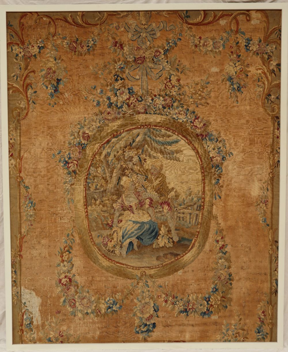 An 18th century French Aubusson medallion pastoral tapestry with a floral swag border, - Image 2 of 8