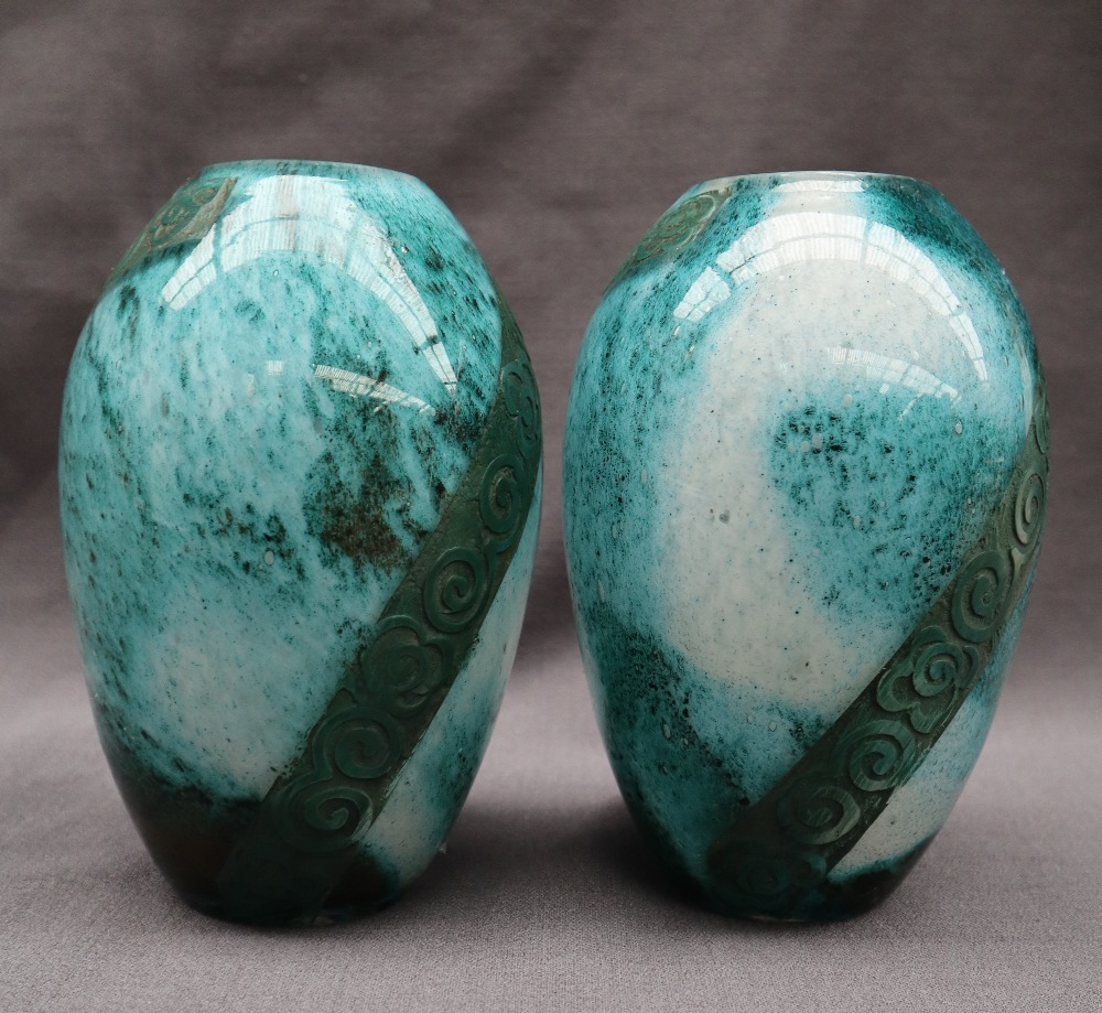 A pair of Legras mottled green glass vases, with etched floral bands, signed, 15. - Image 6 of 6