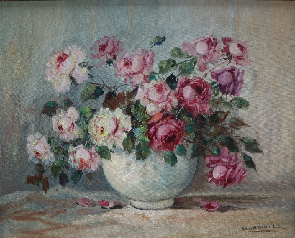 Martinil Still life study of a vase of roses Oil on canvas Signed 39 x 49.